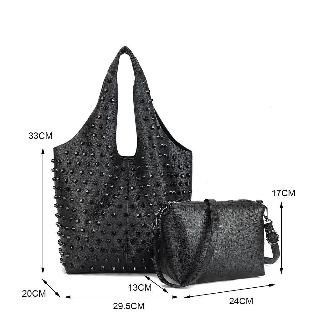 3D Studded Large Shopper Bag , Large Studded Shopper Satchel  Bag With Small Pouch