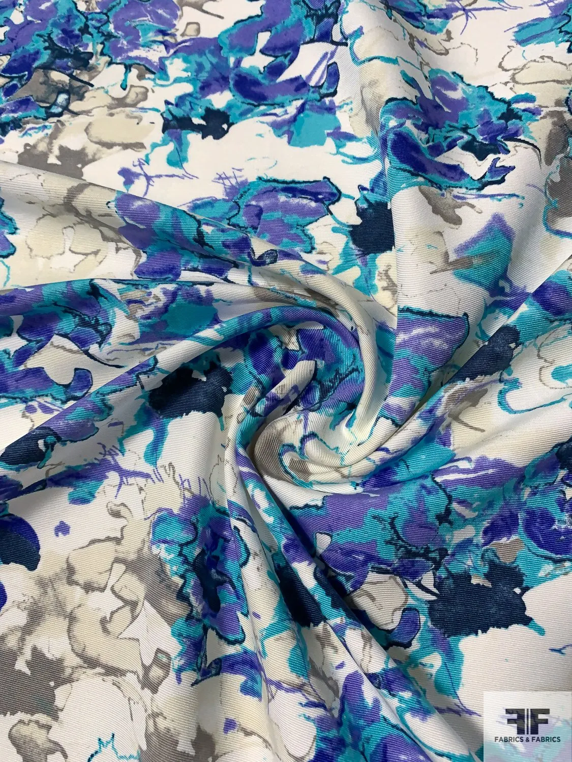 Abstract Printed Cotton and Silk Faille - Turquoise / Purple / Navy / Off-White