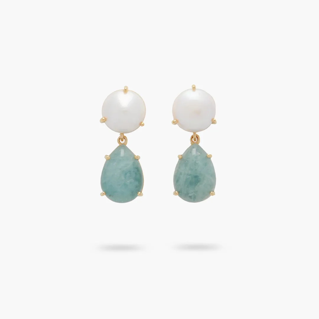 Amare Wear Freshwater Pearl and Teardrop Aquamarine Statement Earring