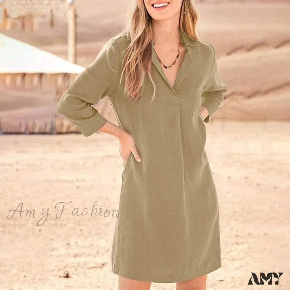 Amy Fashion - Cotton Lapel Neck Solid Color Elegant Dress