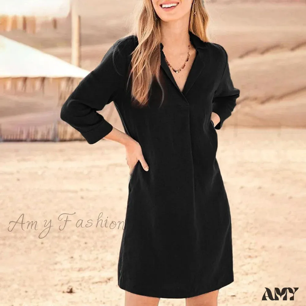 Amy Fashion - Cotton Lapel Neck Solid Color Elegant Dress