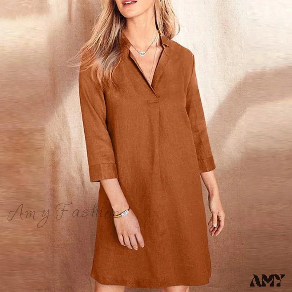 Amy Fashion - Cotton Lapel Neck Solid Color Elegant Dress