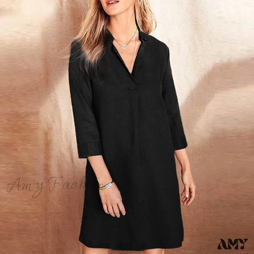 Amy Fashion - Cotton Lapel Neck Solid Color Elegant Dress