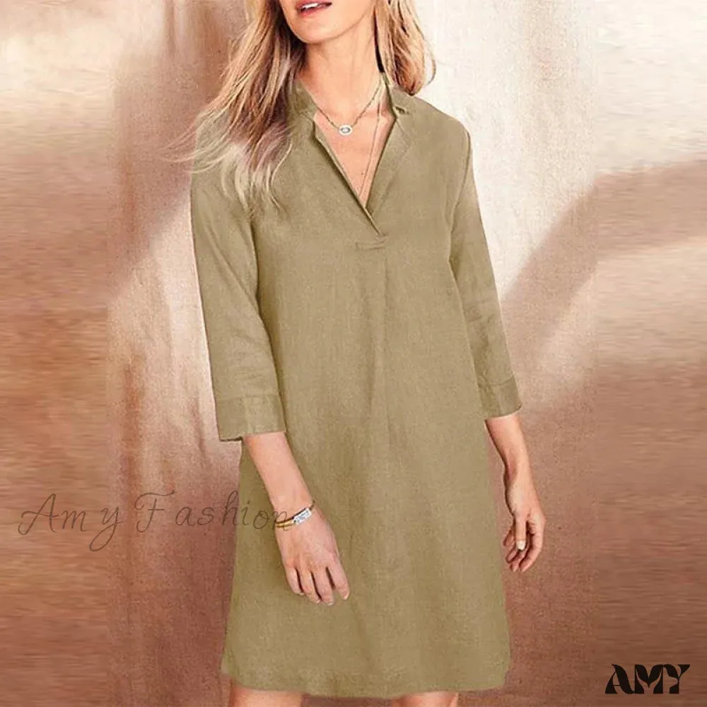 Amy Fashion - Cotton Lapel Neck Solid Color Elegant Dress