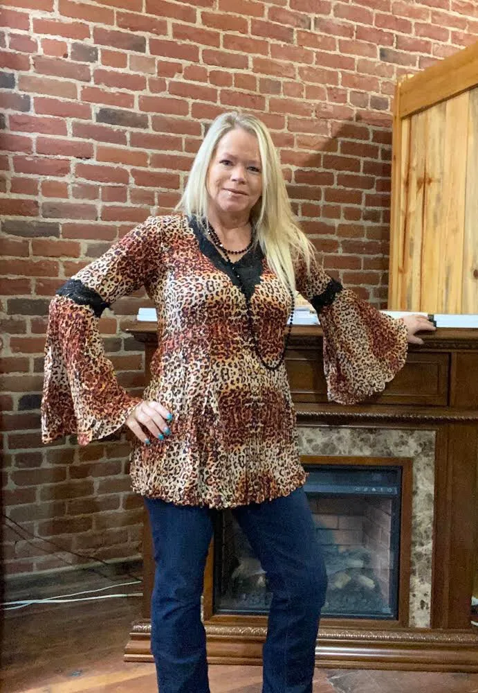 Animal Print Crinkle Bell Sleeve Top