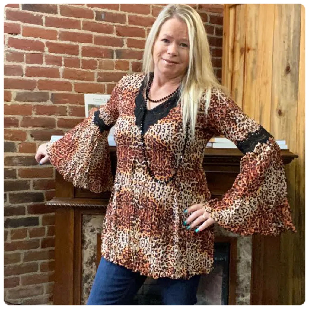 Animal Print Crinkle Bell Sleeve Top