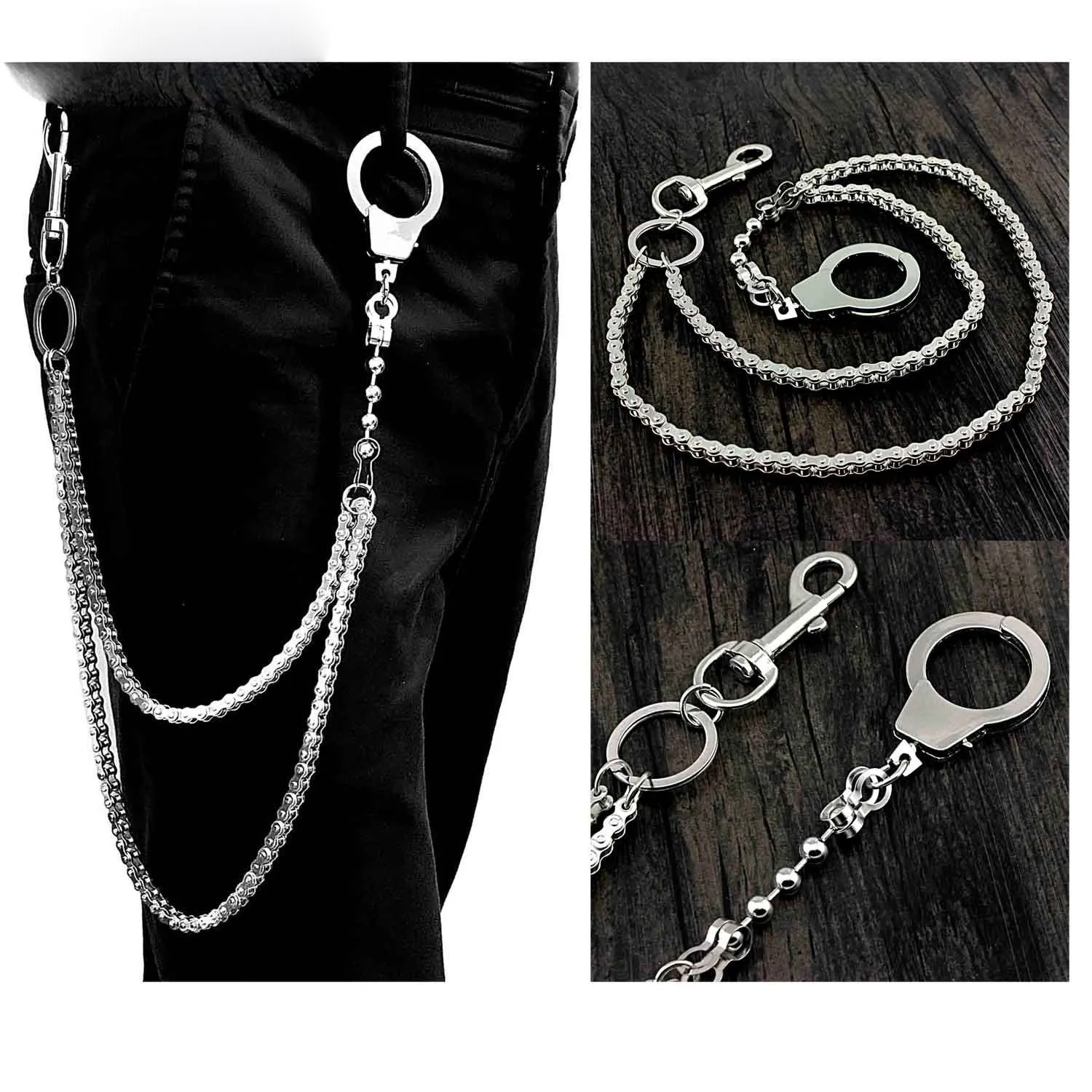 BADASS SILVER STAINLESS STEEL MENS Double CHAIN PANTS CHAIN WALLET CHAIN BIKER WALLET CHAIN FOR MEN