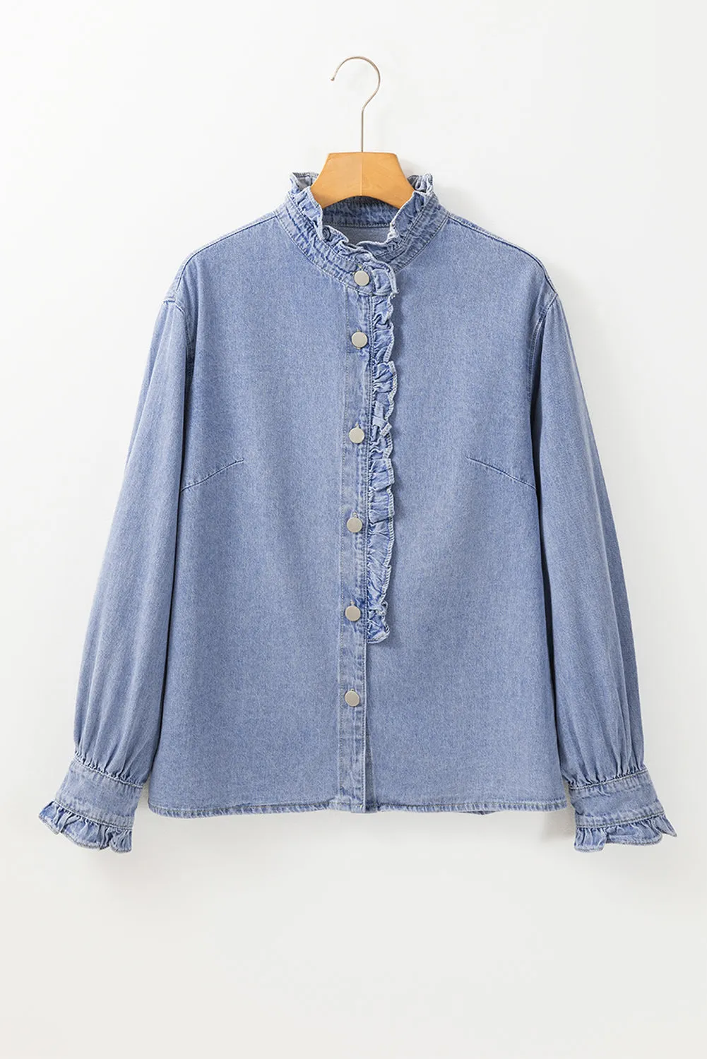 Beau Blue Ruffled Long Sleeve Buttoned Denim Shirt