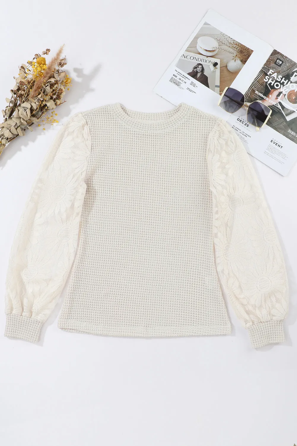 Beige Sunflower Mesh Long Sleeve Waffle Knit Top