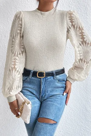 Beige Sunflower Mesh Long Sleeve Waffle Knit Top