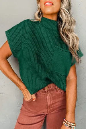 BerryBetty - Blackish Green Patch Pocket Ribbed Knit Short Sleeve Sweater