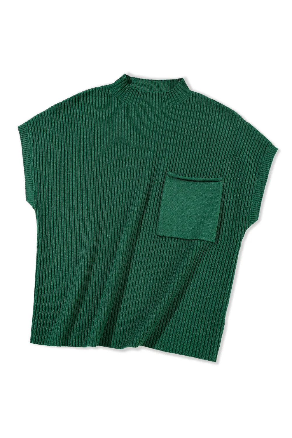 BerryBetty - Blackish Green Patch Pocket Ribbed Knit Short Sleeve Sweater