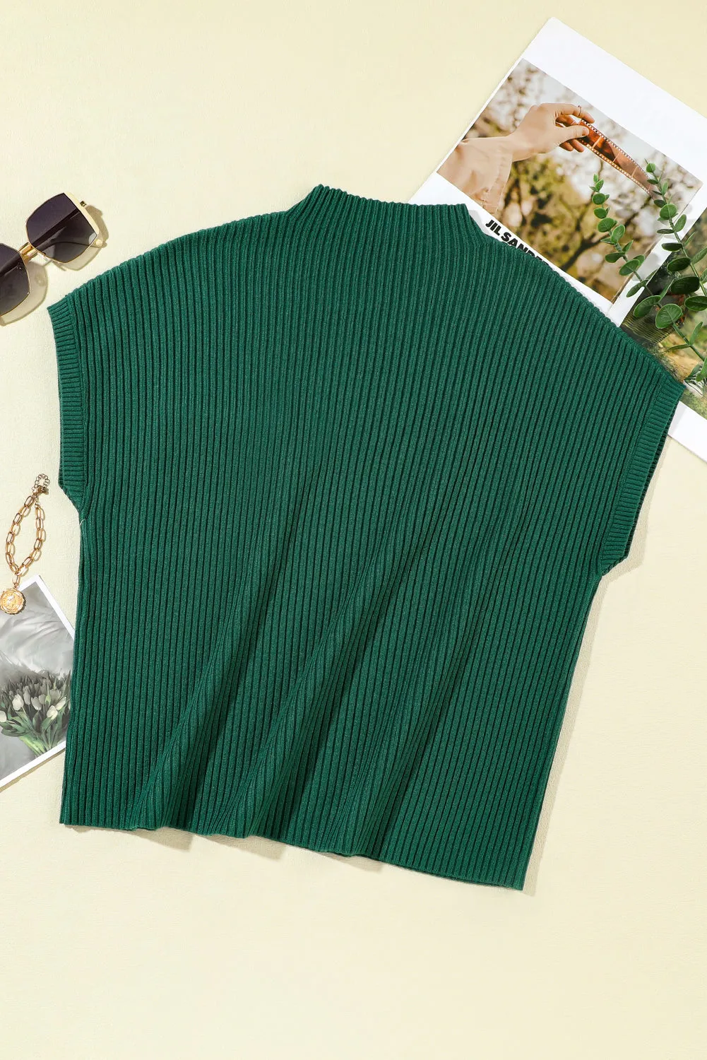 BerryBetty - Blackish Green Patch Pocket Ribbed Knit Short Sleeve Sweater