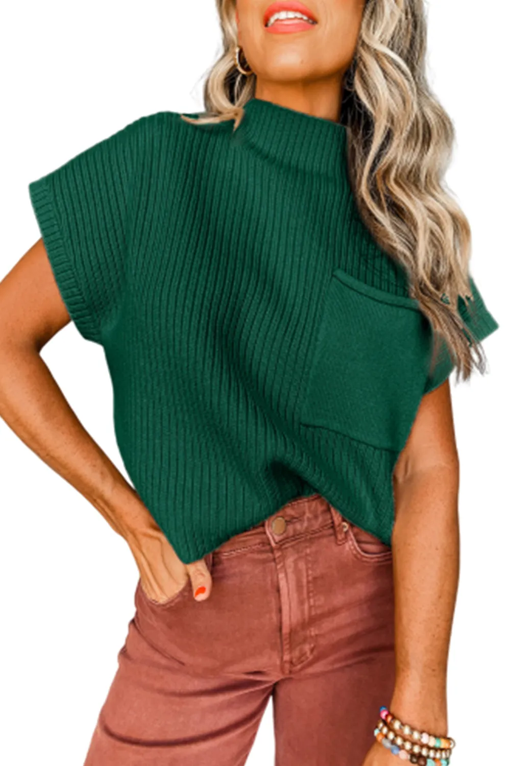 BerryBetty - Blackish Green Patch Pocket Ribbed Knit Short Sleeve Sweater