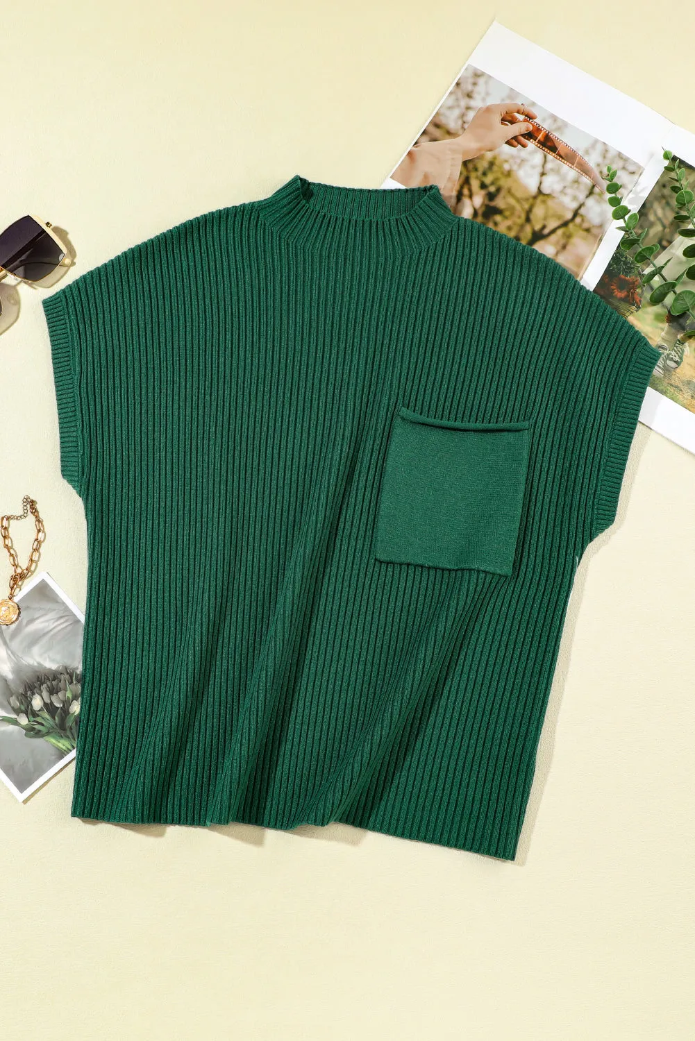 BerryBetty - Blackish Green Patch Pocket Ribbed Knit Short Sleeve Sweater