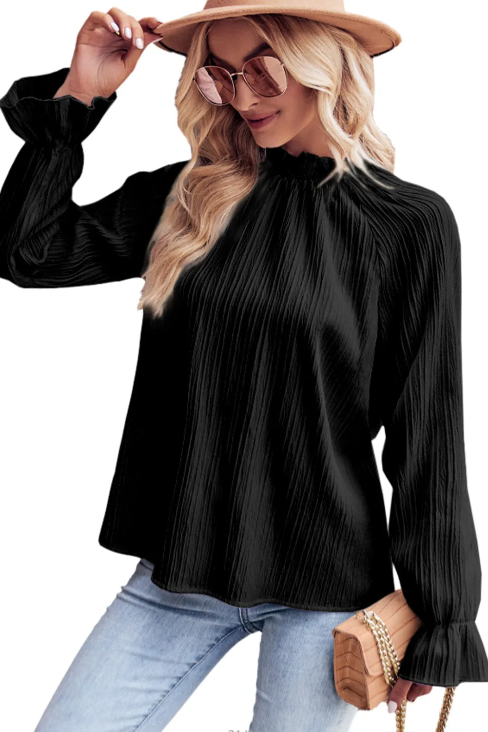 Black Frilled Mock Neck Ripple Bubble Sleeve Blouse