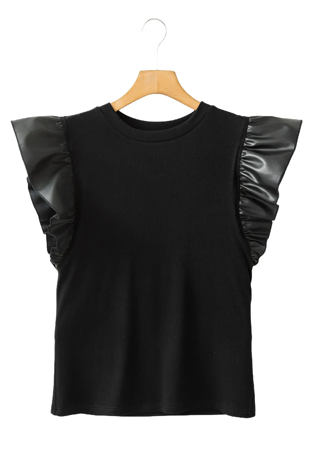 Black Leather Ruffle Shoulder Plain Blouse