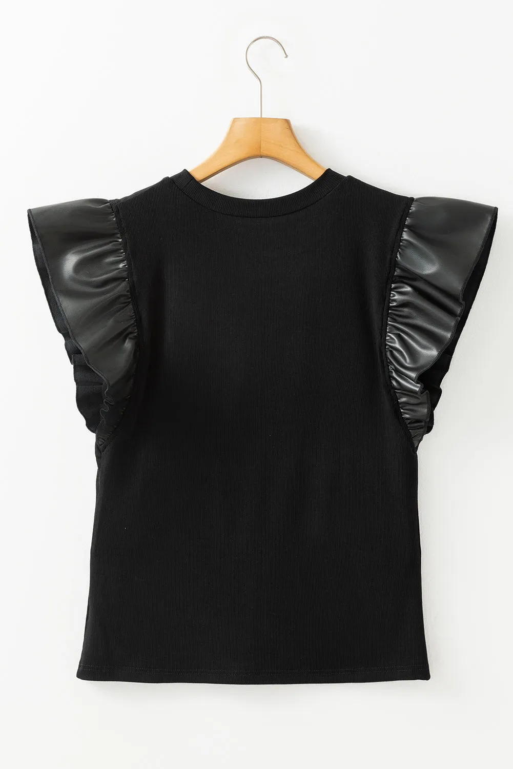 Black Leather Ruffle Shoulder Plain Blouse