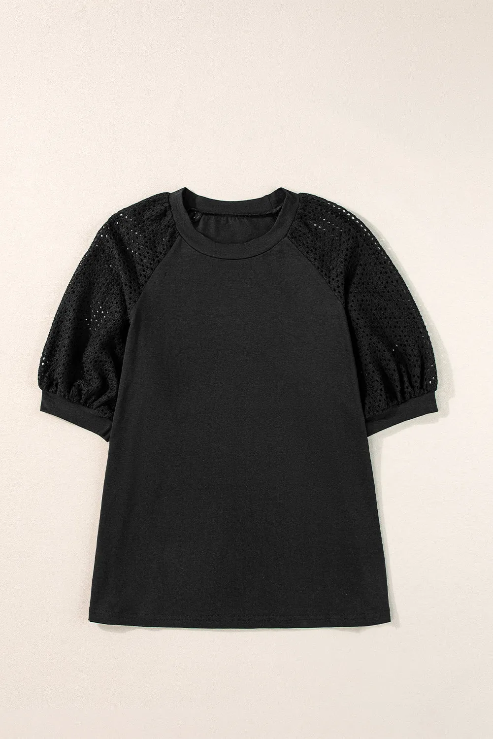 Black Pointelle Lace Half Sleeve Crew Neck Tee