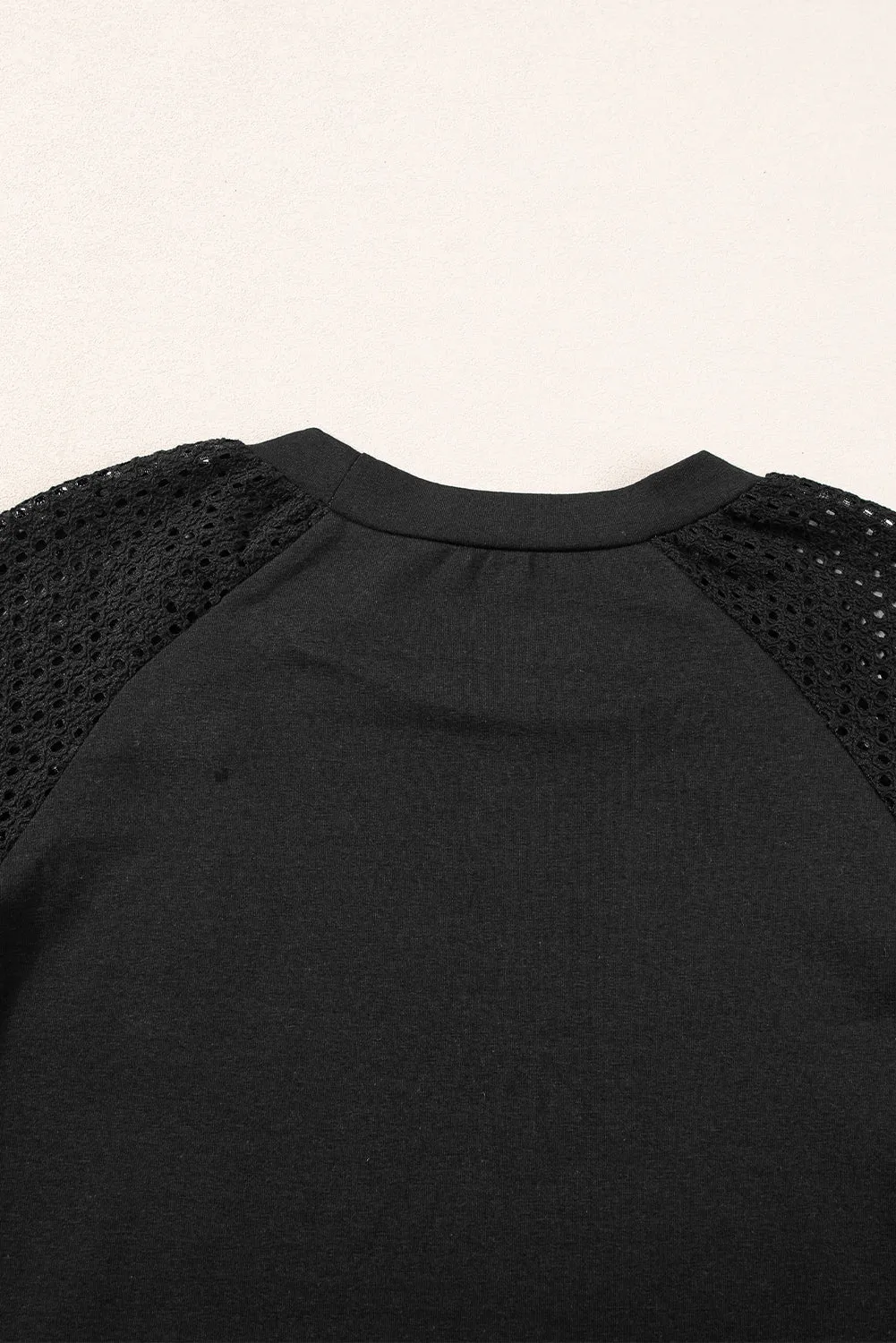 Black Pointelle Lace Half Sleeve Crew Neck Tee