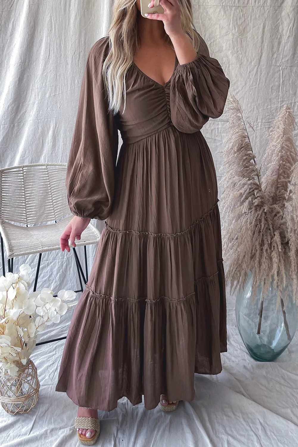 Black V Neck Bowknot Cutout Frill Tiered Maxi Dress