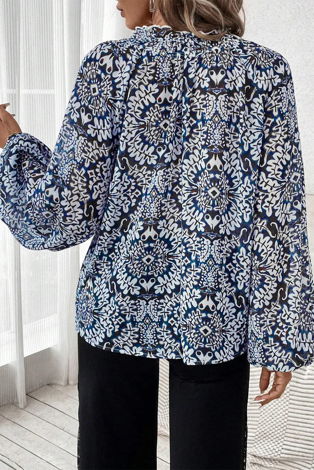 Blue Zone Planet |  Blue Tribal Print Lace-up Frilled Neck Puff Sleeve Blouse