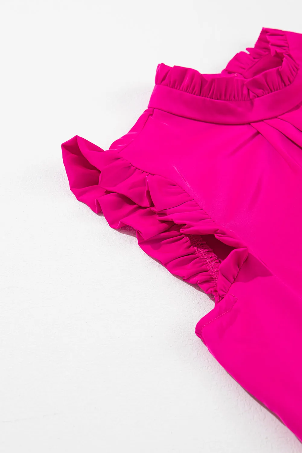 Bright Pink Pleated Mock Neck Frilled Trim Sleeveless Top