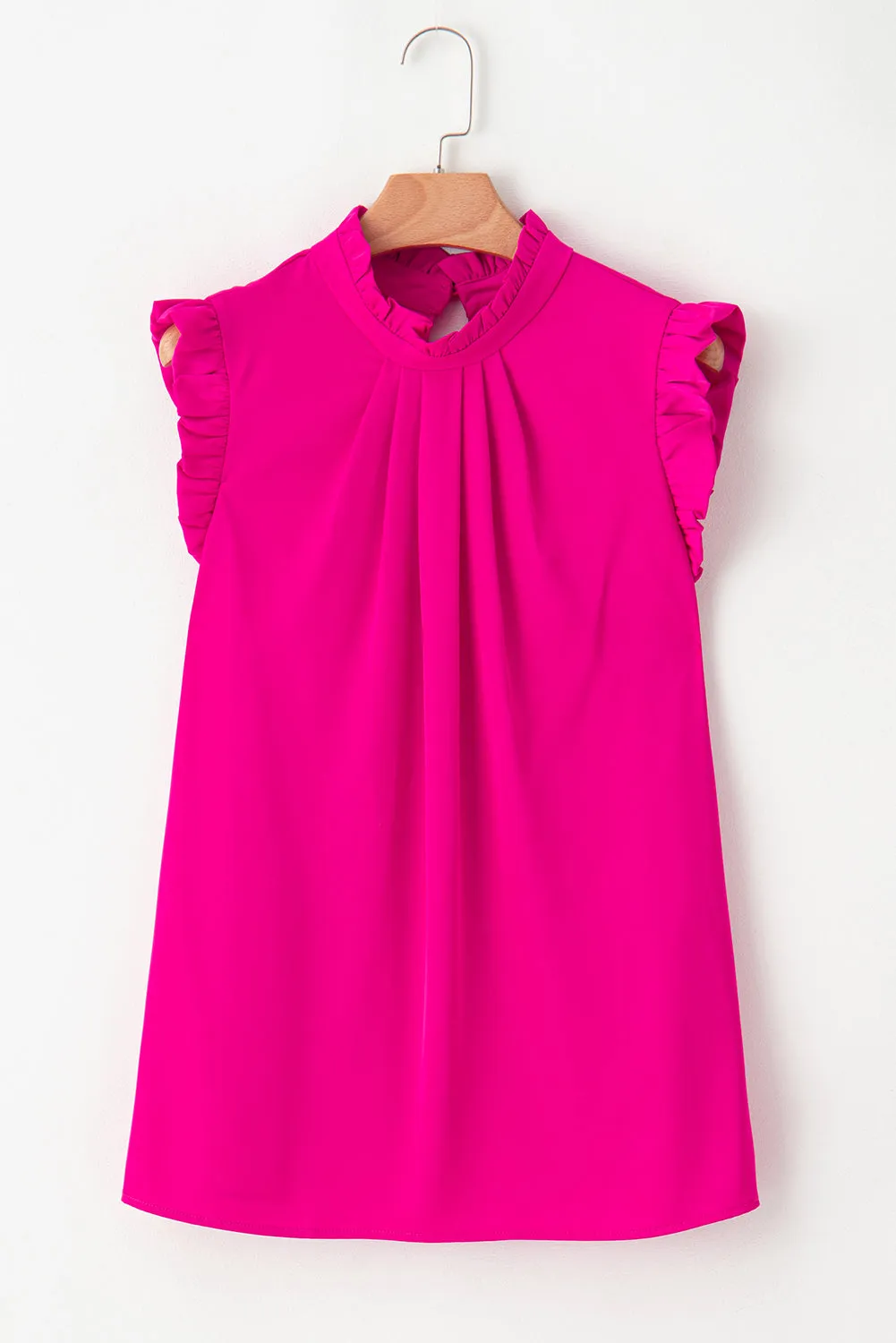 Bright Pink Pleated Mock Neck Frilled Trim Sleeveless Top