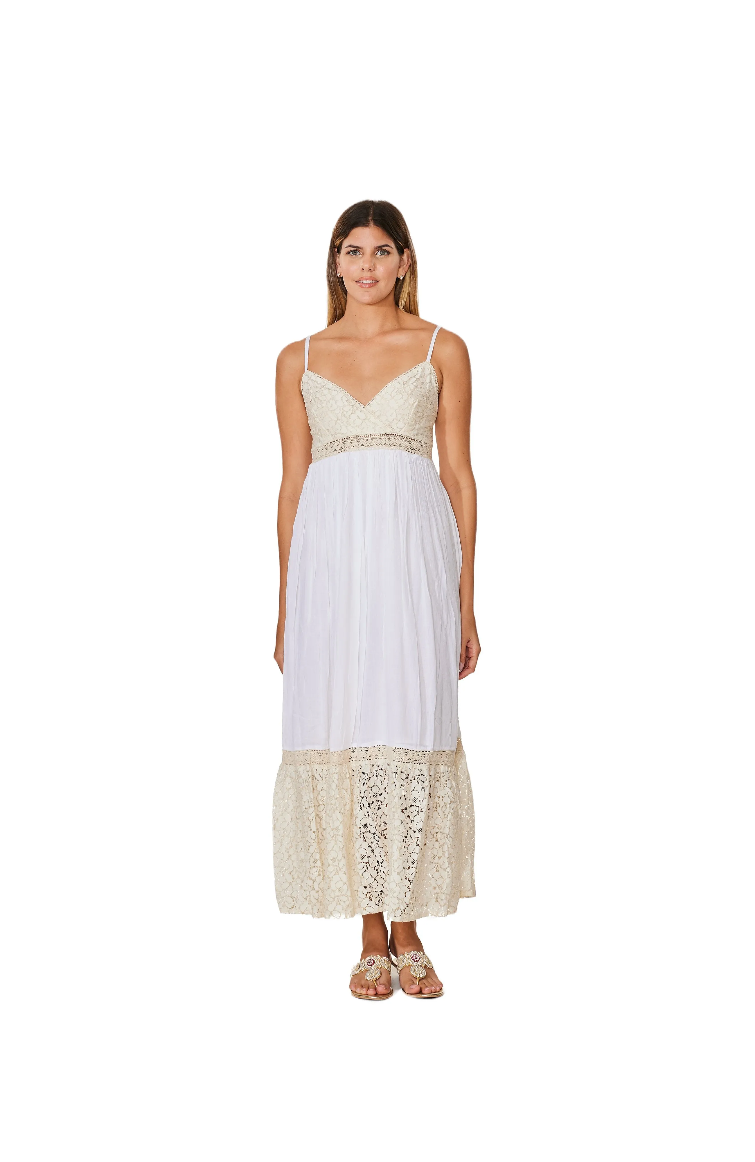 C-1798-A Lace  Detail long White Dress.