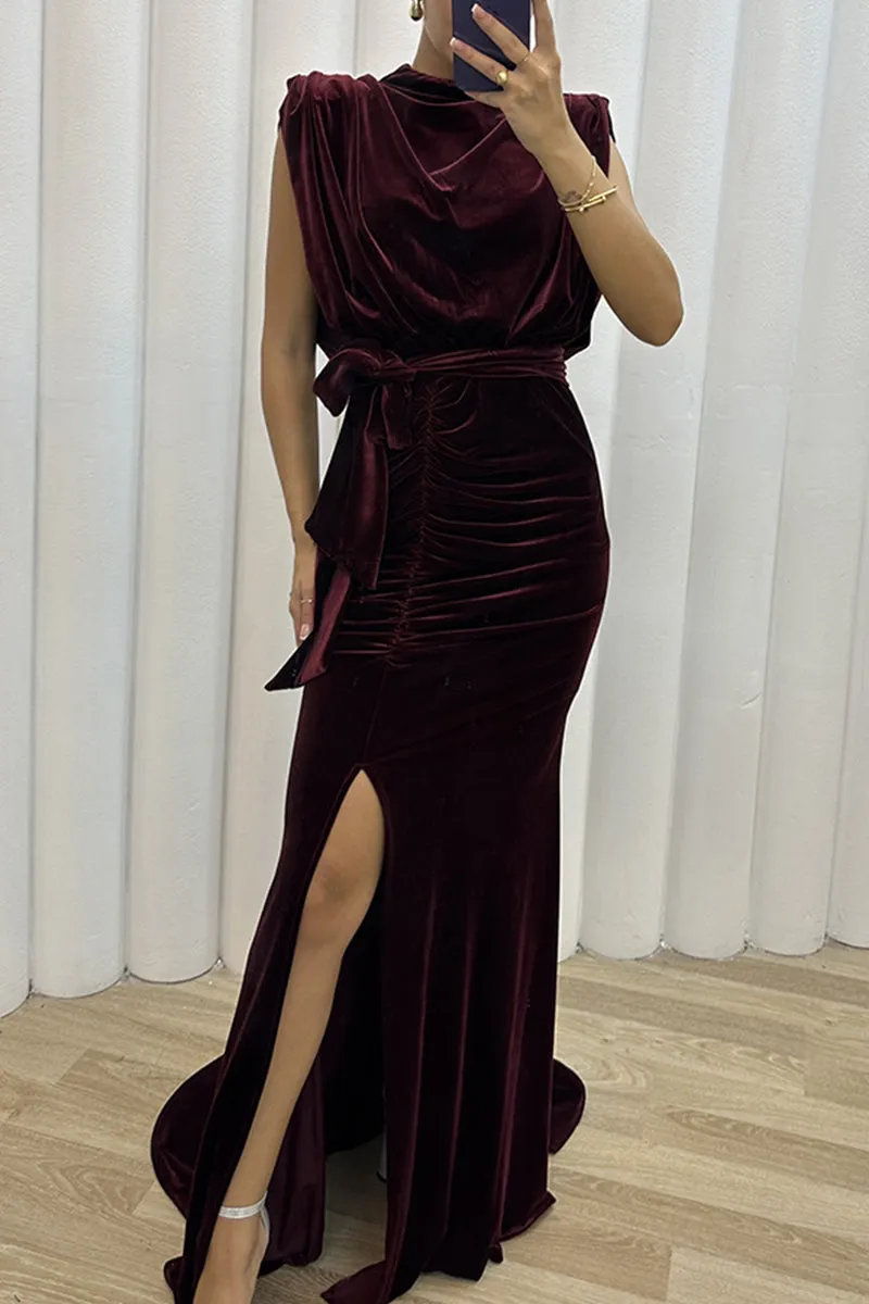 Celebrities Elegant Solid Slit Asymmetrical O Neck Evening Dress Dresses