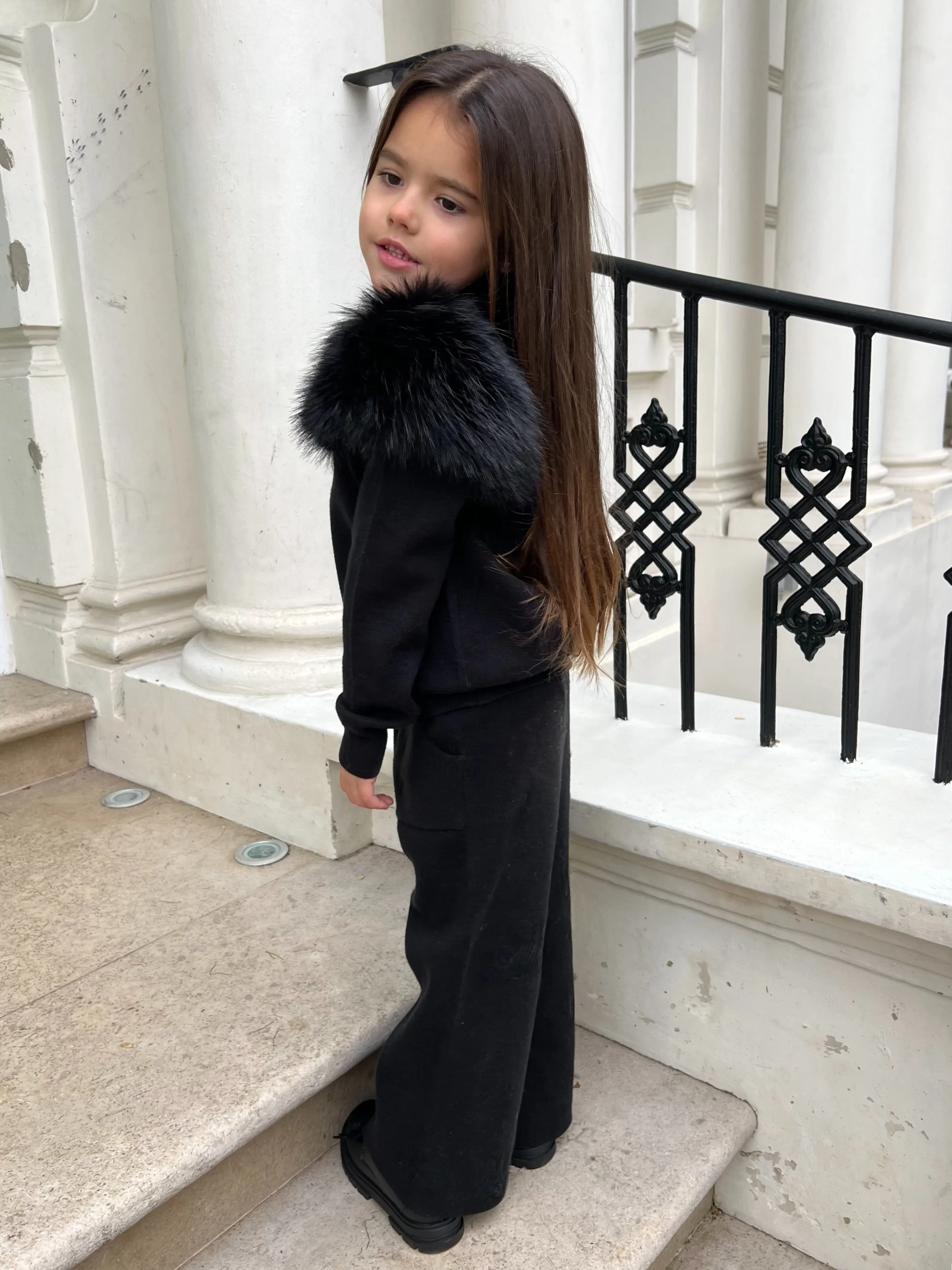 Childrens Black Premium Faux Fur Roll Neck Wide Leg Tracksuit