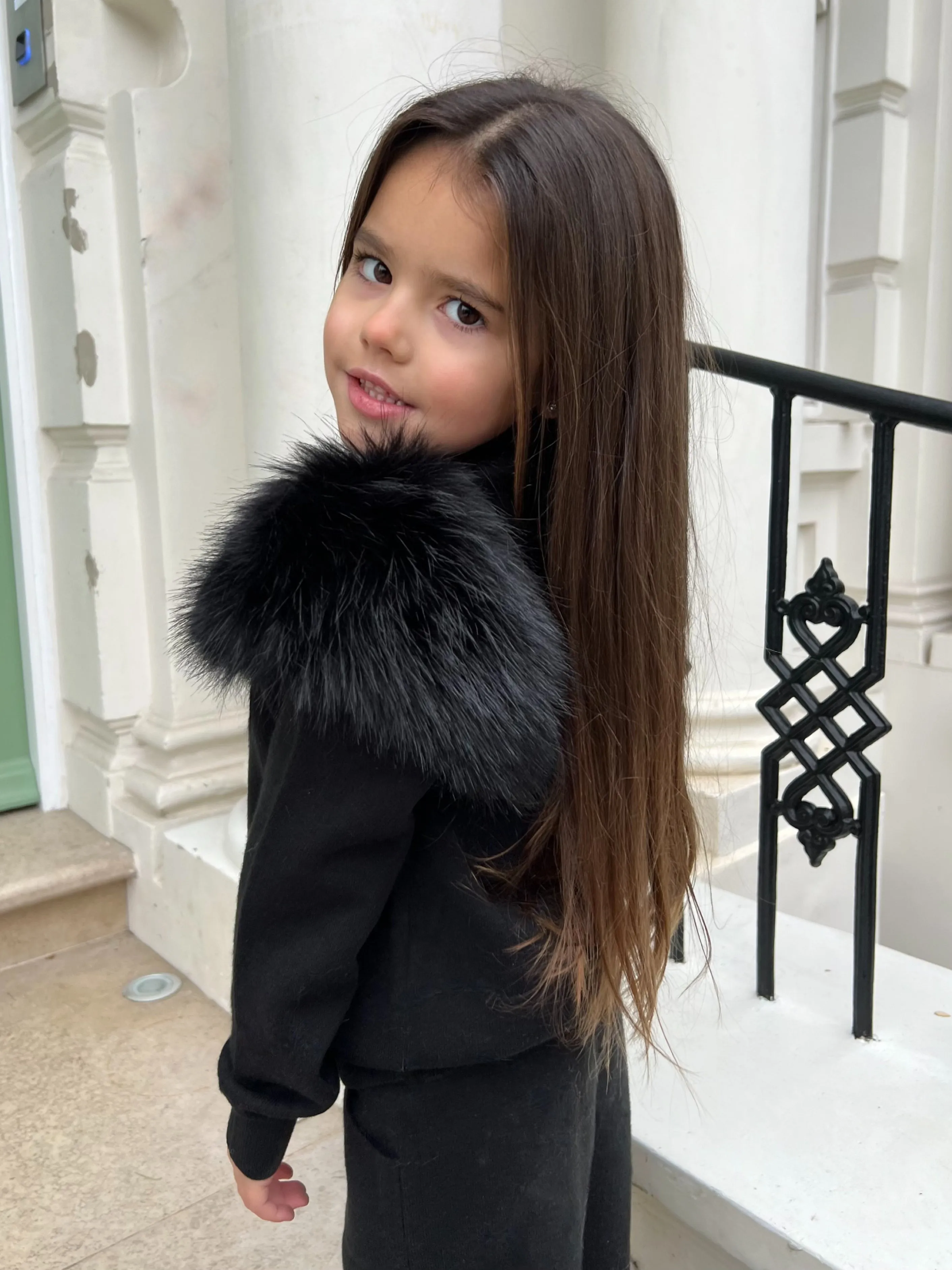 Childrens Black Premium Faux Fur Roll Neck Wide Leg Tracksuit