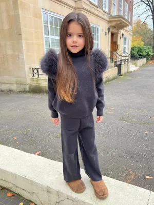 Childrens Charcoal Premium Faux Fur Roll Neck Wide Leg Tracksuitt