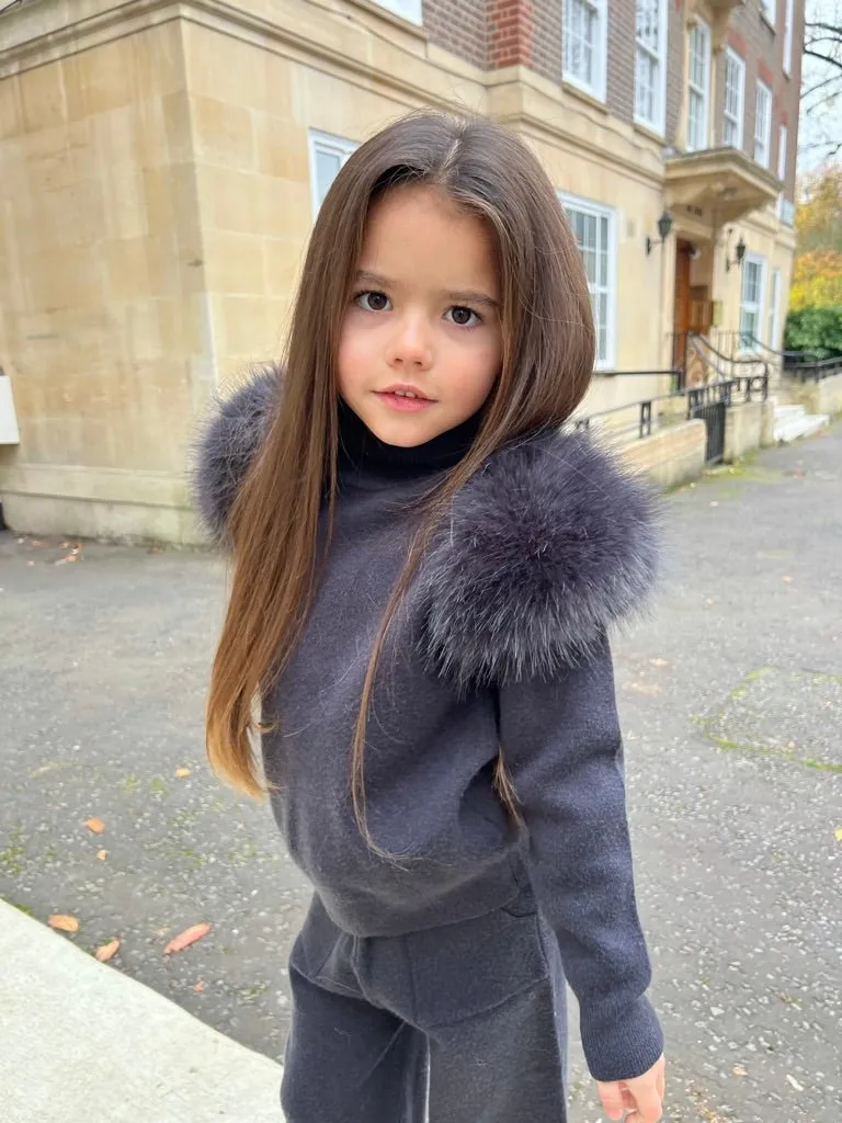 Childrens Charcoal Premium Faux Fur Roll Neck Wide Leg Tracksuitt