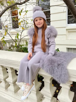 Childrens Light Grey Premium Faux Fur Roll Neck Wide Leg Tracksuit