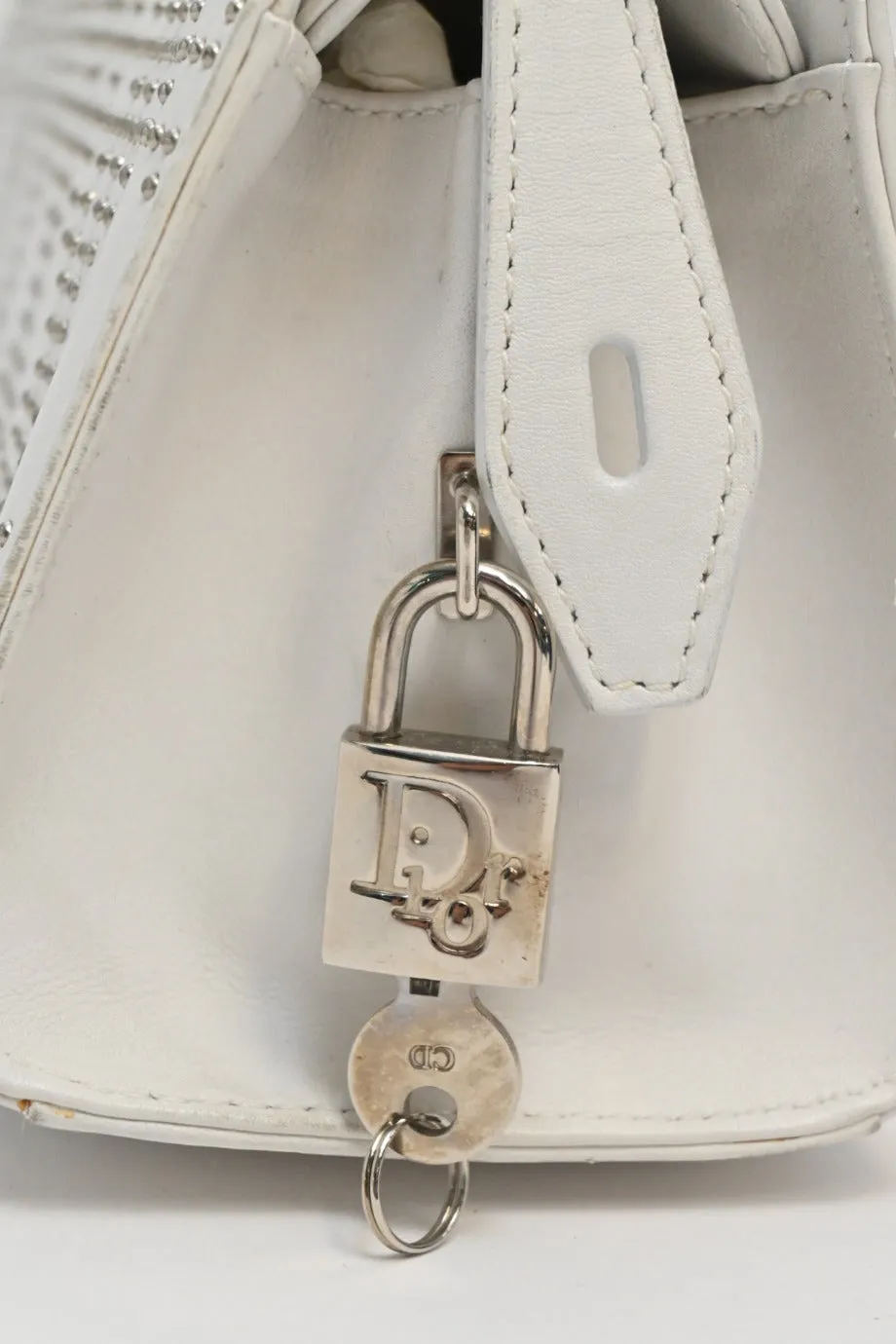 CHRISTIAN DIOR White lambskin Cannage studded Lady Dior East West shoulder bag