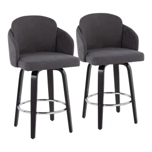 Dahlia Contemporary Counter Stool in Black Wood and Grey Fabric with Round Chrome Footrest by LumiSource - Set of 2