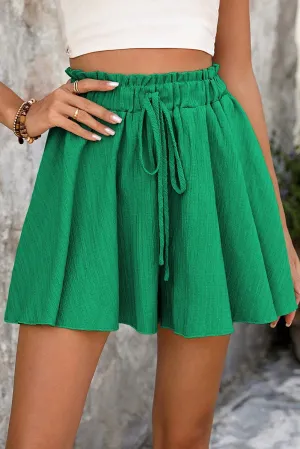 Dark Green Textured Frill High Waist Ruffle Wide Leg Shorts