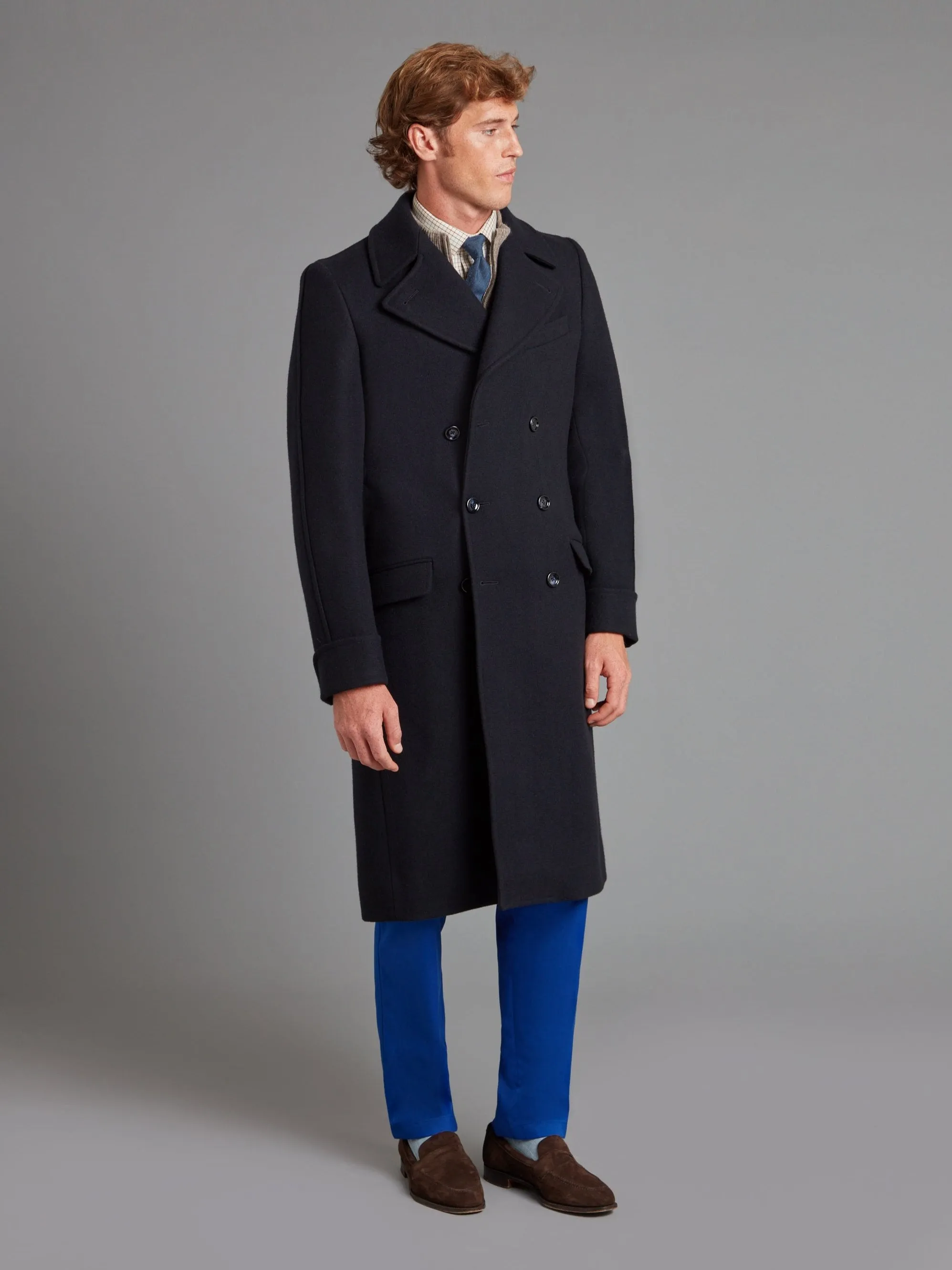 Double Breasted Greatcoat - Navy Herringbone