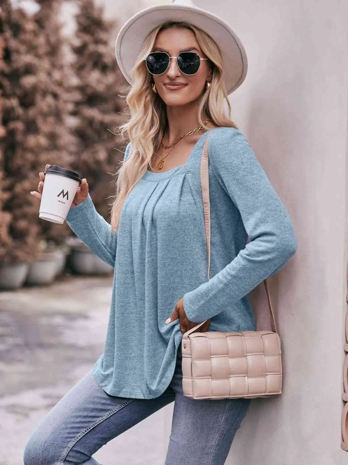 Double Take Pleated Detail Curved Hem Long Sleeve Top