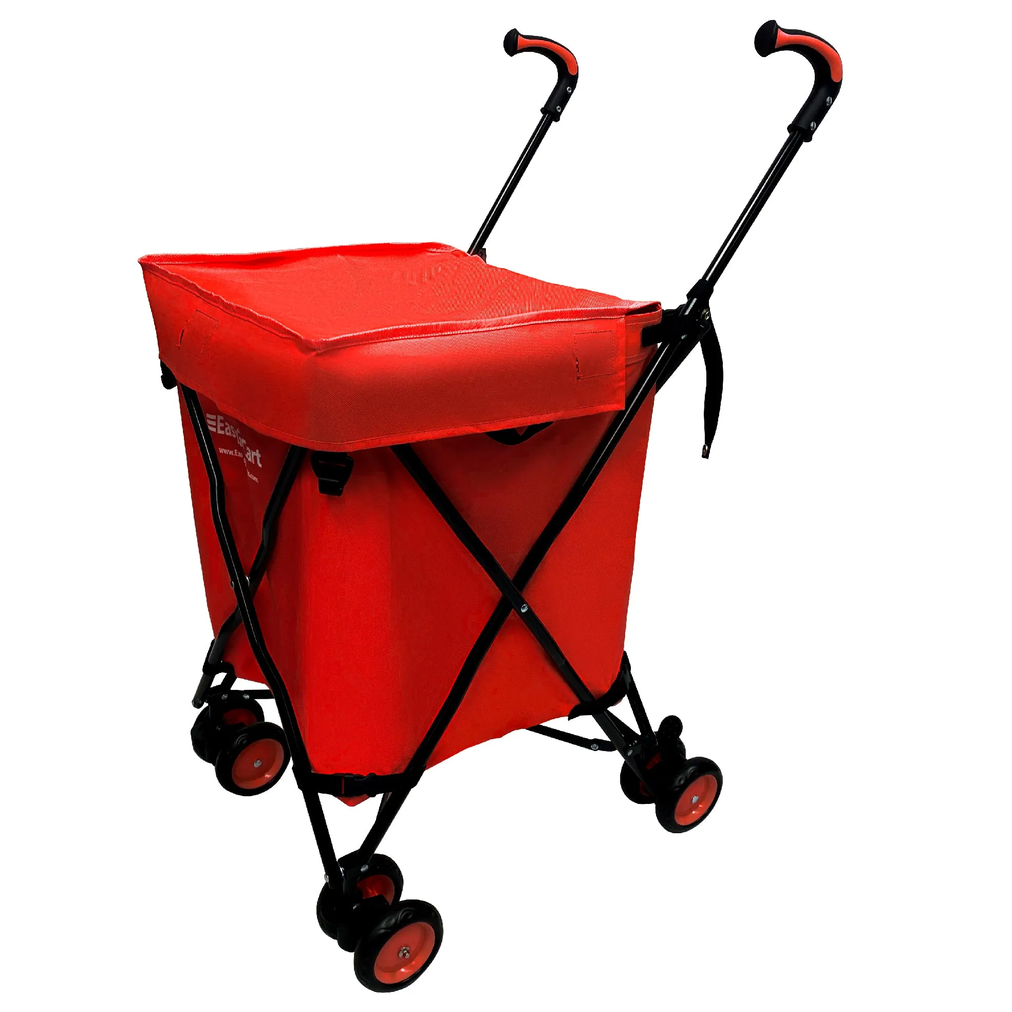 EasyGo Cart Folding Grocery Shopping and Laundry Utility Cart – Removable Water-Resistant Canvas Bag - Front Locking Swivel Wheels – Rear Brakes - Easy Folding - 120lbs Capacity – Copyrighted – RED