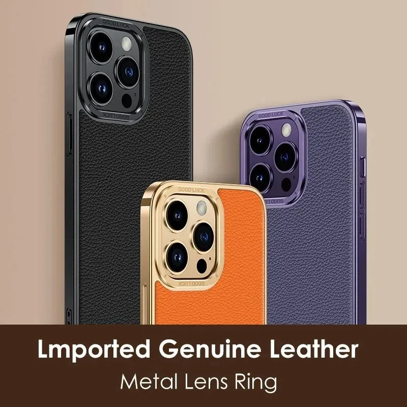 Electroplated Leather Phone Case Plating Frame Metal Lens Protection For IPhone