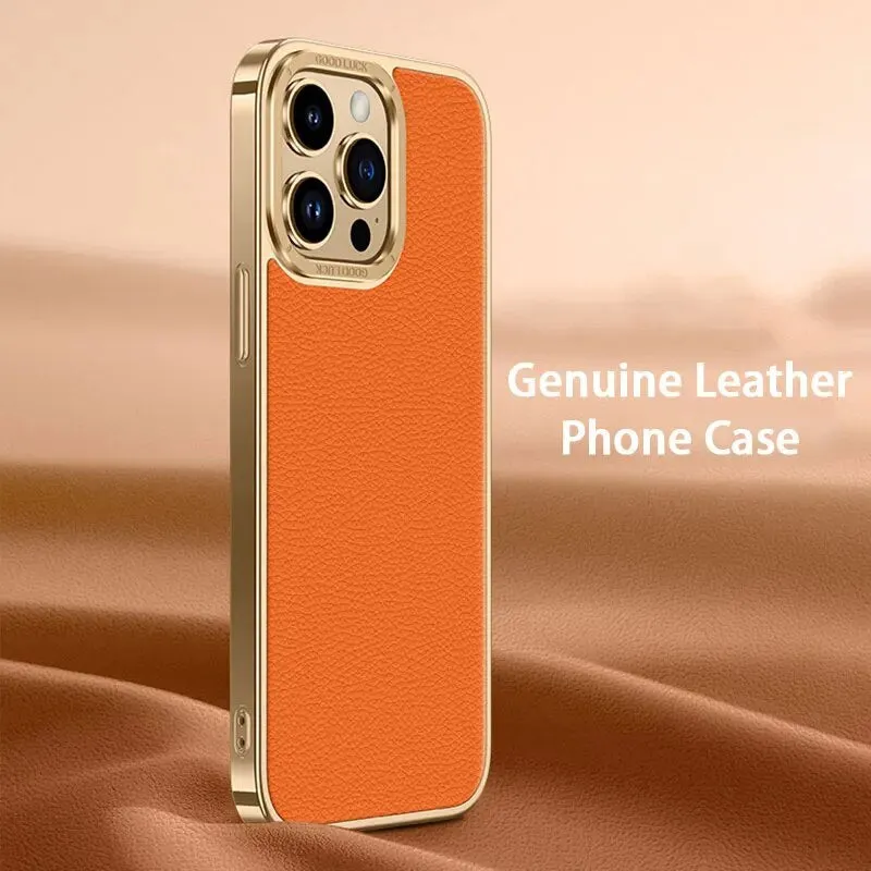 Electroplated Leather Phone Case Plating Frame Metal Lens Protection For IPhone