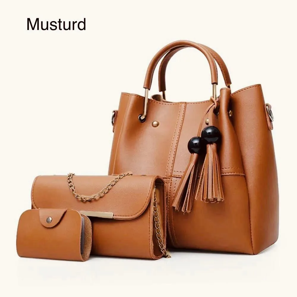 Elegant 3-Piece Handbag Set - Large Bag, Clutch & Pouch - Soft Leather