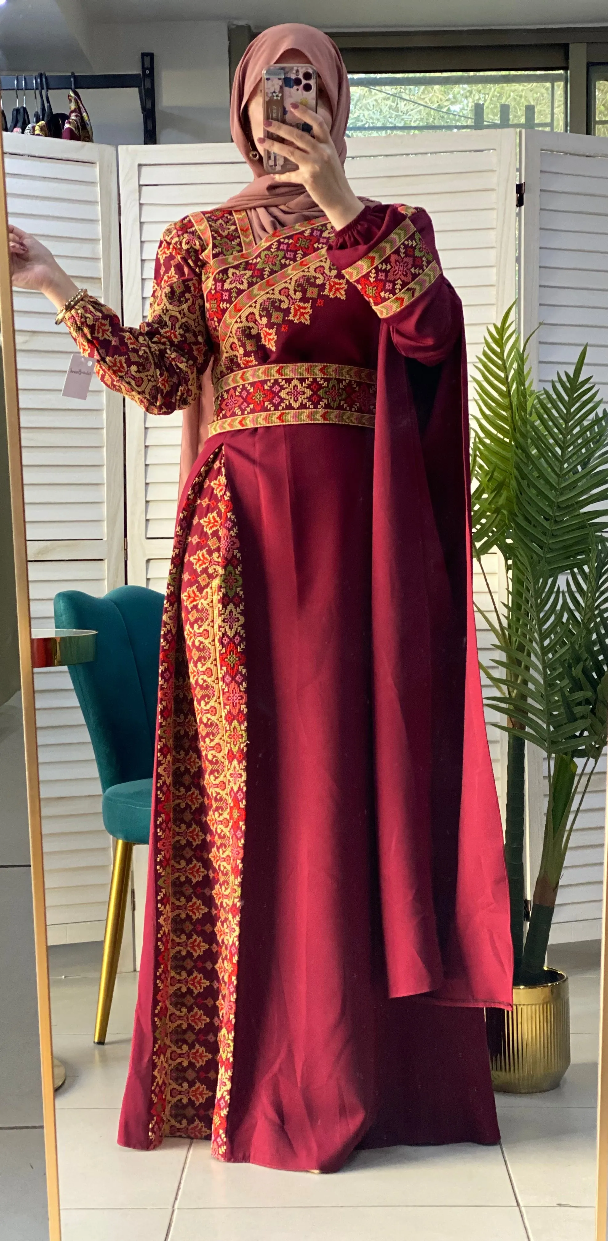 Elegant Burgundy Shoulder Details Embroidered Dress