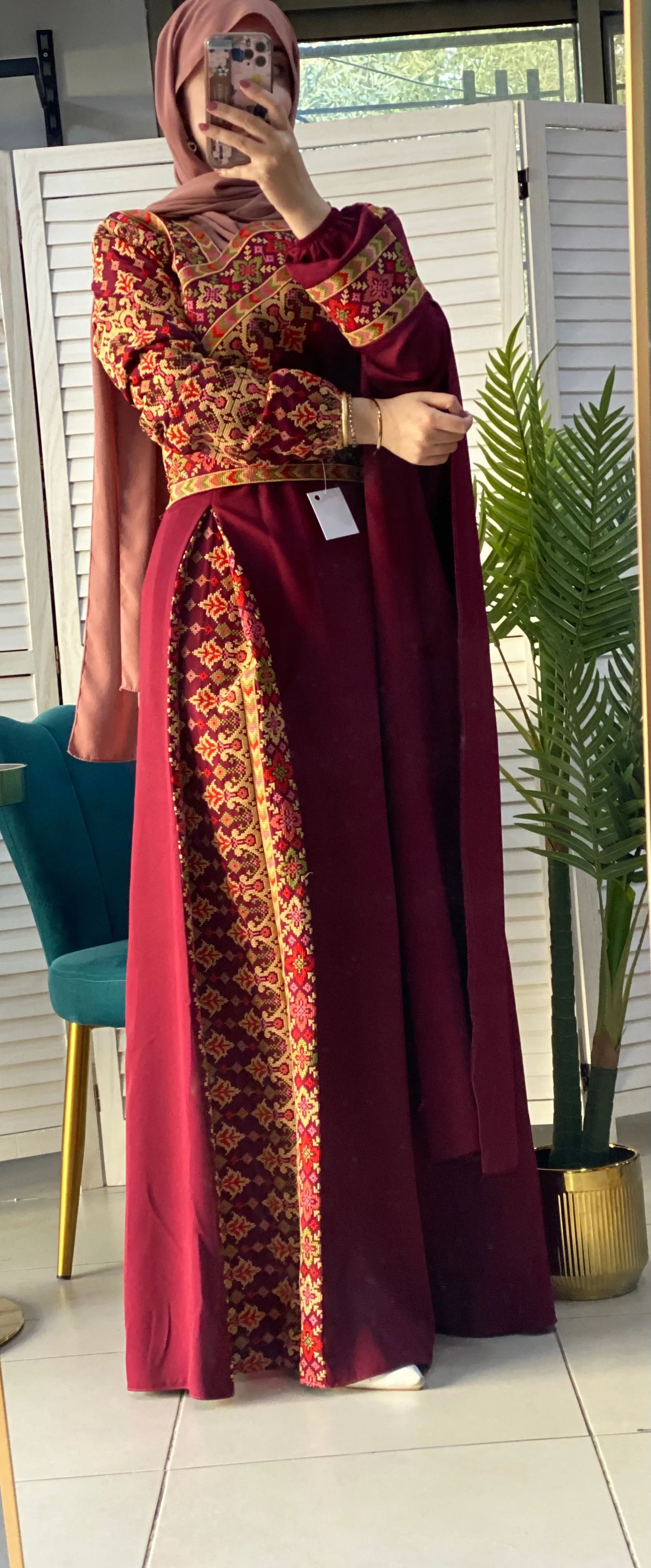 Elegant Burgundy Shoulder Details Embroidered Dress