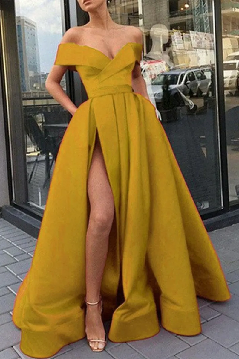 Elegant Formal Solid Slit V Neck Evening Dress Dresses