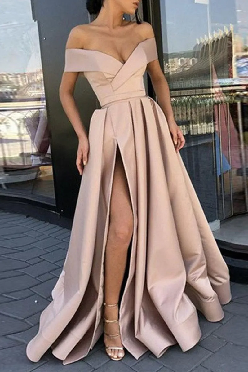 Elegant Formal Solid Slit V Neck Evening Dress Dresses