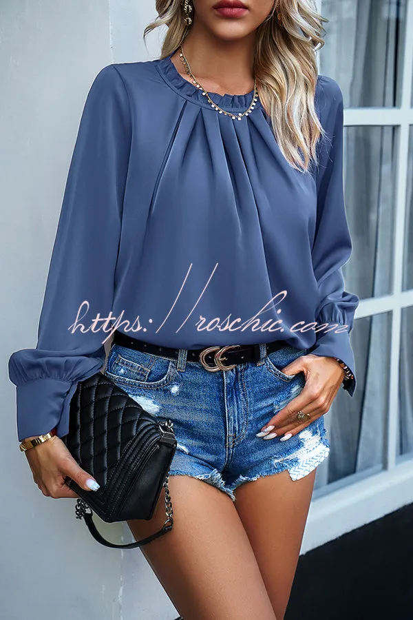 Elegant Round Neck Pleated Long Sleeve Solid Color Top