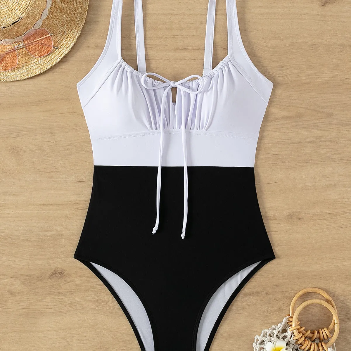 Elegant Solid Color High-Waisted Bandeau Bikini Swimsuit